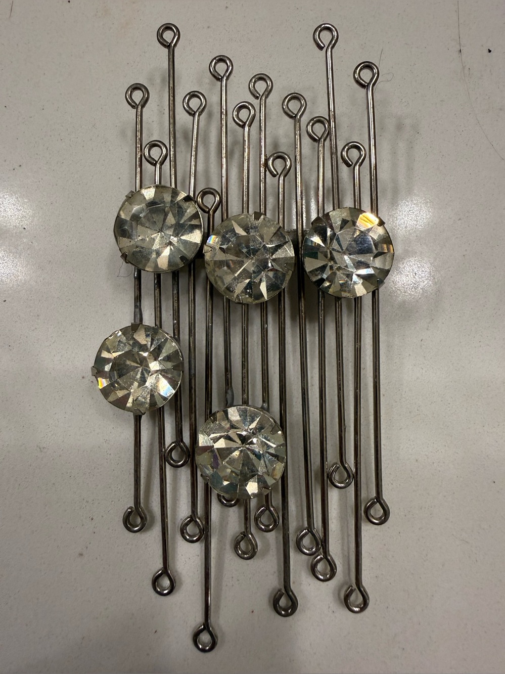Vintage Atomic Starburst Rhinestone Brooch Mid-Century Modern Silver Tone Pin